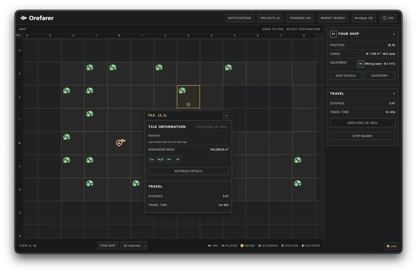 Orefarer exploration map with surveyed asteroids, a travelling ship, and deposit details.