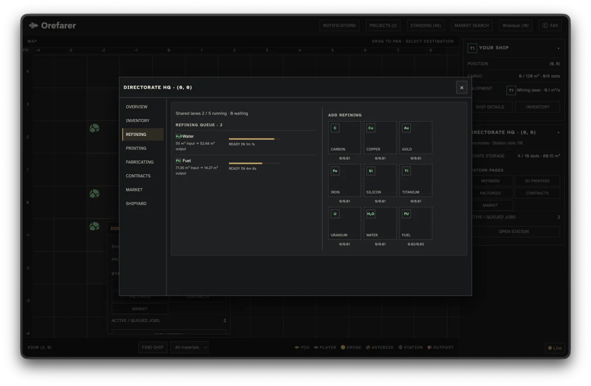 Directorate HQ refining screen with Water and Fuel jobs and available refining recipes.
