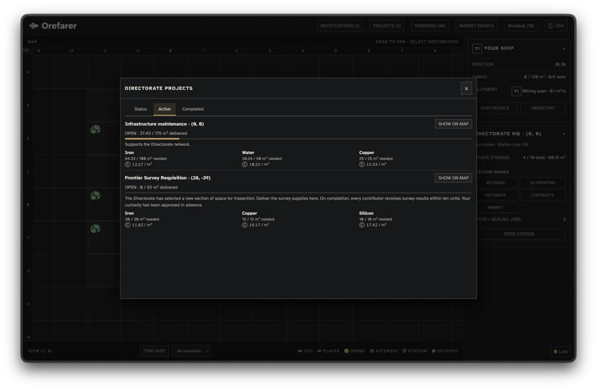 Active Directorate projects showing maintenance and frontier survey material requirements.